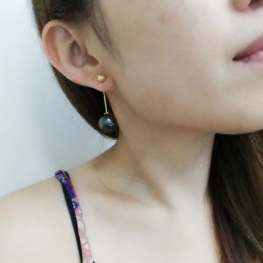 My Fair Lady Silver Gold Vermeil Black Pearl Earrings (1E135B)
