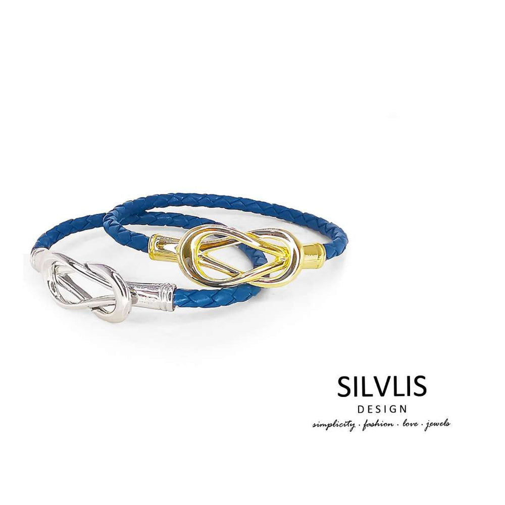 Engraving You Sterling Silver Love Knot Leather Bangle – Navy Blue
