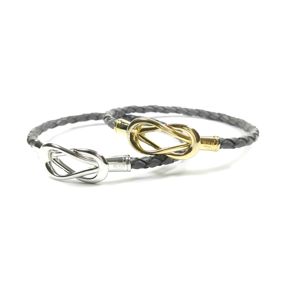 Engraving You Sterling Silver Love Knot Leather Bangle – Grey