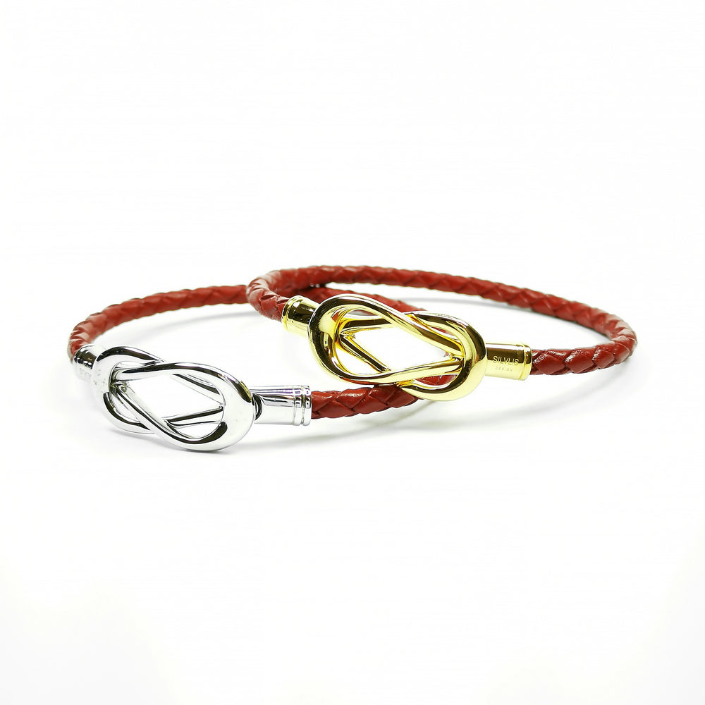 Engraving You Sterling Silver Love Knot Leather Bangle - Red
